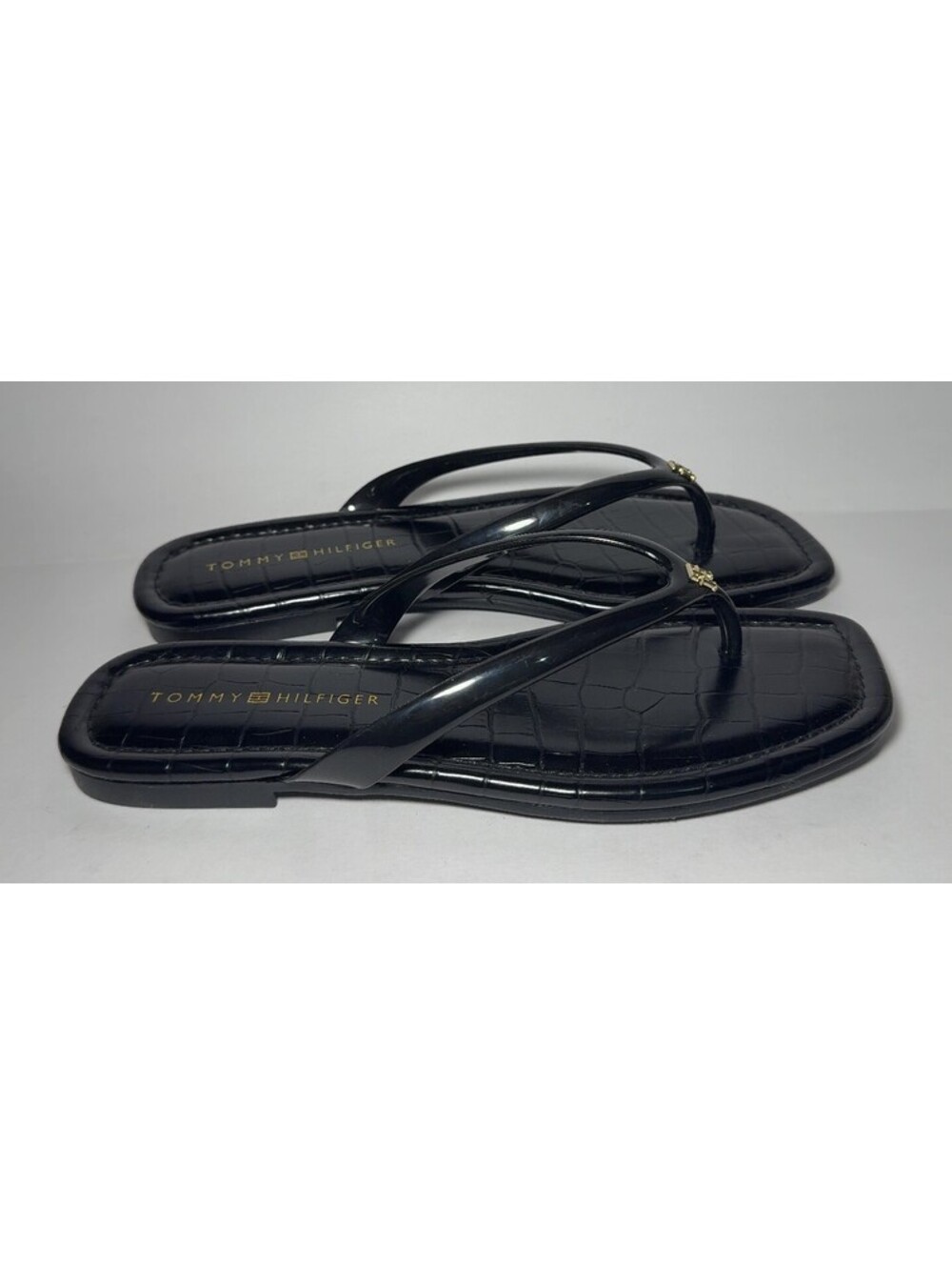 Tommy Hilfiger Vela Sandals Black Faux Croc Thong Flip Flops